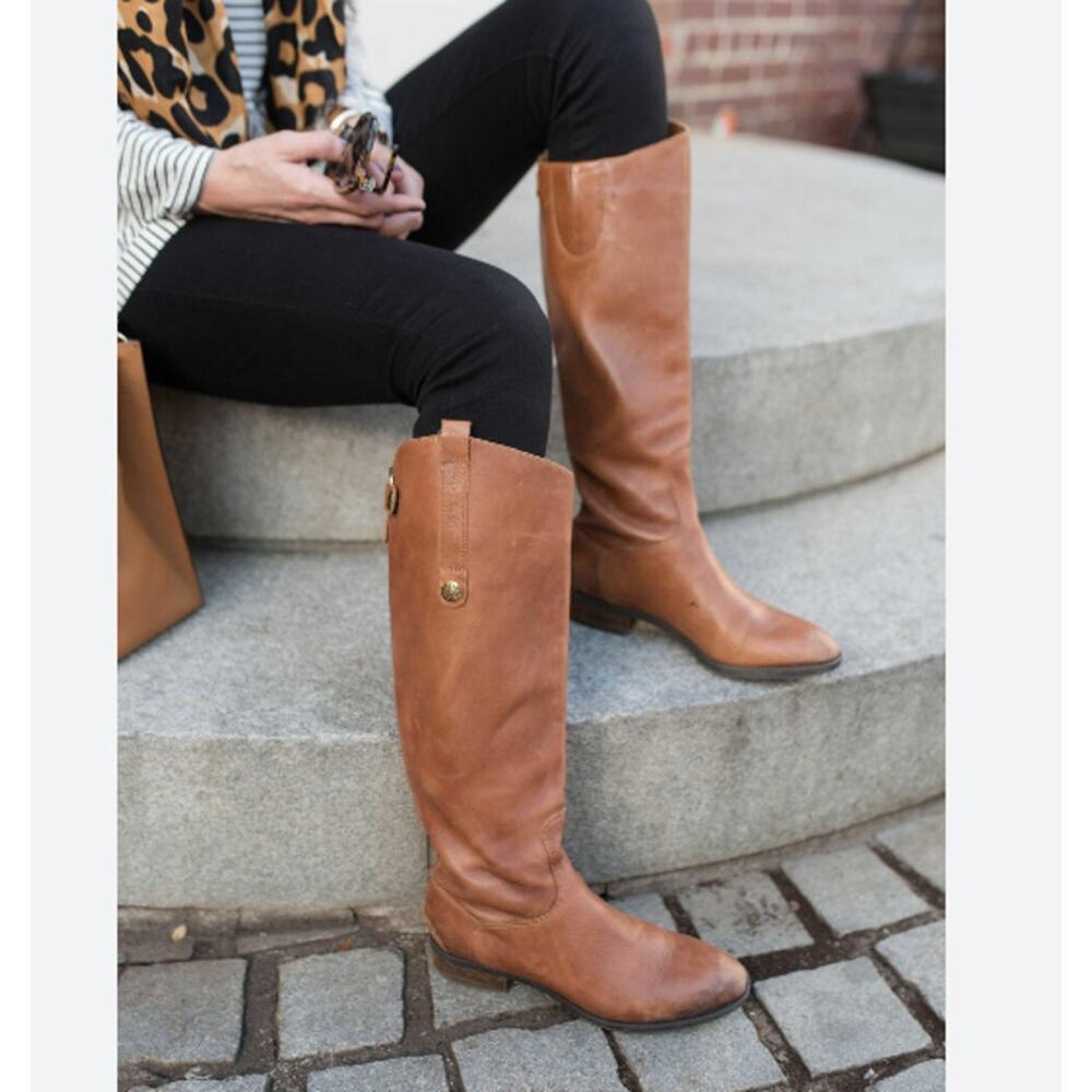Sam Edelman Penny Back Zip Wide Calf Block Heel Riding Boots Brown Size 7